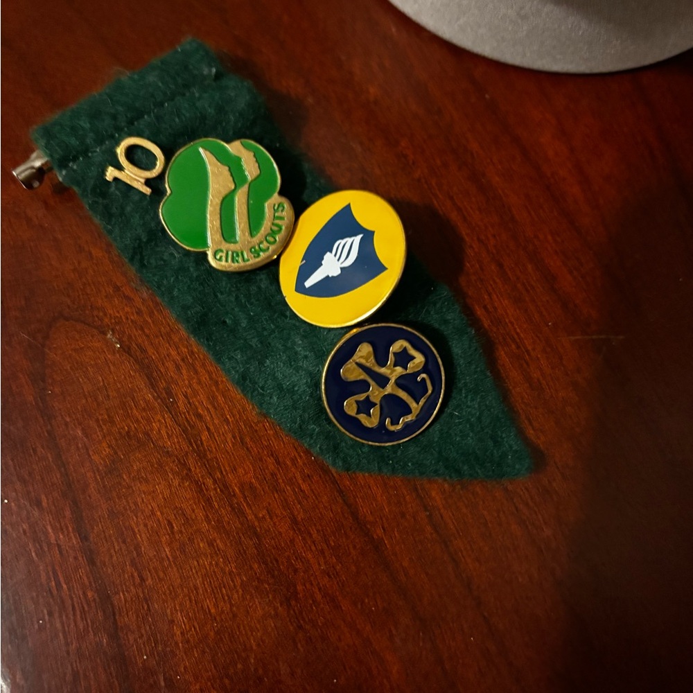 Vintage Girl Scouts Pin Set of 4. Pinned to green felt style badge